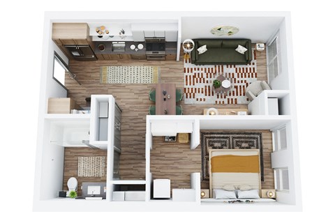 1 bedroom 1 bathroom floor plan with kitchen and walk-in closet